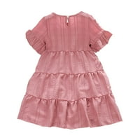 Малко дете рокля рокля розова оребрена рокля с къс ръкав розов разрошен многослоен принцеса рокля сладка слънчева ръка 3- години