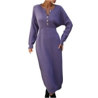 Aherbiu дамски пуловер Макси рокля с дълъг ръкав бутон Екипаж на шията ребра плетен висок пуловер рокли солиден цвят