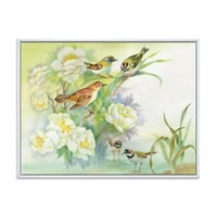 Птици и цветя в селски пейзаж в рамка живопис платно изкуство печат