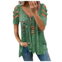 Блуза на Bazyrey за жени летни жени върхове v-образни цип пуловер печат с къс ръкав свободна тениска зелена xxxxl
