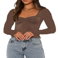Дамски квадратна шия с дълъг ръкав изрязани горни стегнати ниско рязане основна блуза ежедневни плътни цветове монтирани тениски