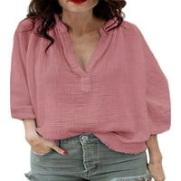 Колиша жени ризи ръкави върхове v шия блуза удобна офис масивна цветна туника риза розов xl
