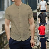 Мъже къси ръкави върхове на ризата мандарин блуза китайски жаба бутон тънък тройник khaki 2xl