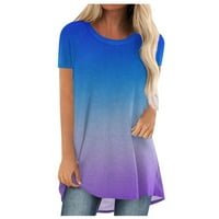 Дамски върхове жени мода лято дълги туники ежедневни върхове отпечатани тениски с къси ръкави тениски сини xxl