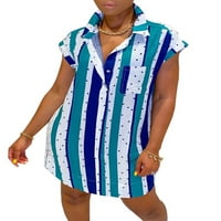Grianlook Women Simple Striped Sundress v Neck Lapel Collar Кратки мини рокли Празнична ръкав тениска рокля