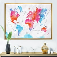 Дизайнарт 'карта на света в синьо и розово' модерна рамка платно стена арт принт